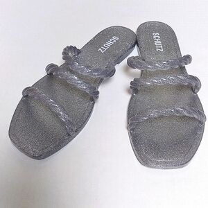 Schutz Silver Metallic Glitter Jelly Gladiator Flat Slide On  Sandals Size 9